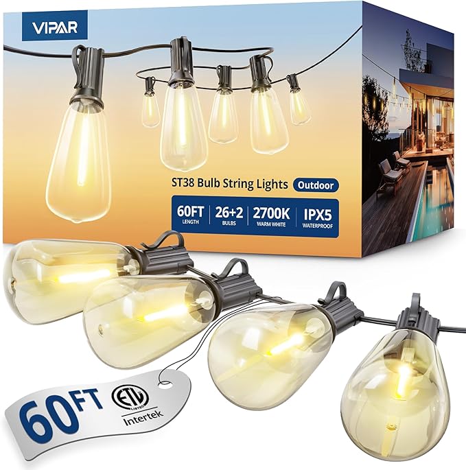 VIPAR Outdoor String Lights 60FT LED Patio Lights LED Waterproof by VIPAR