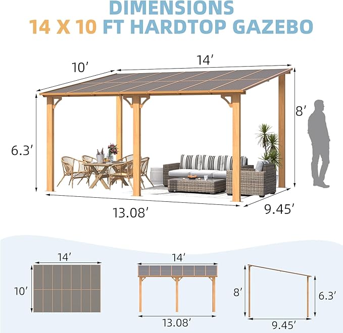 AECOJOY 14' x 10' Gazebo for Patio, Wood Grain Hard Top Lean to Gazebo Pergola - Image 7