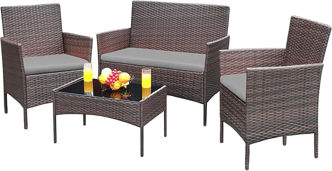 Greesum Patio Furniture 4 Pieces Conversation Sets Outdoor Wicker Rattan Chairs by BuynowfromGreesum