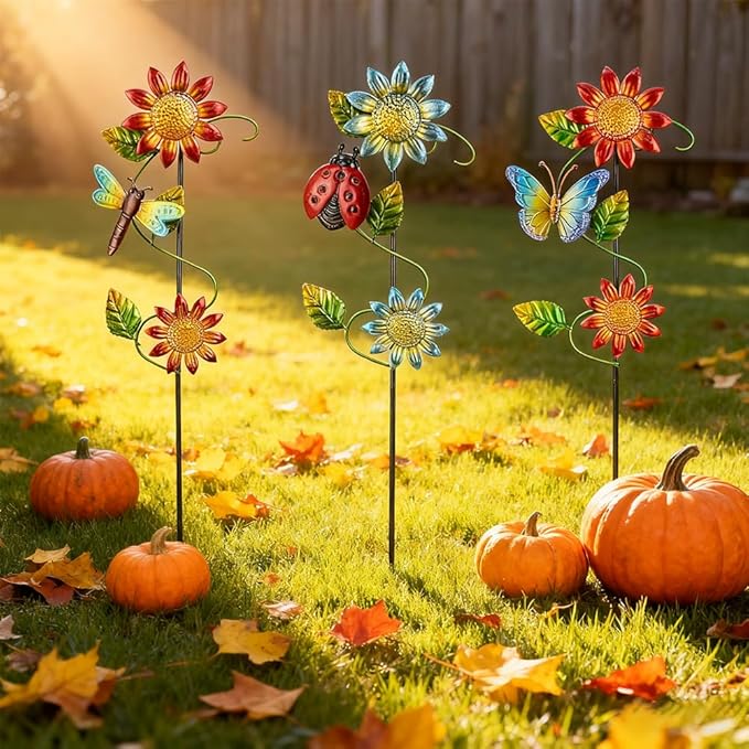 3 Pcs Sunflower＆Butterly＆Ladybug＆Dragonfly Decorative Garden Stakes, 23.5 in - Image 2