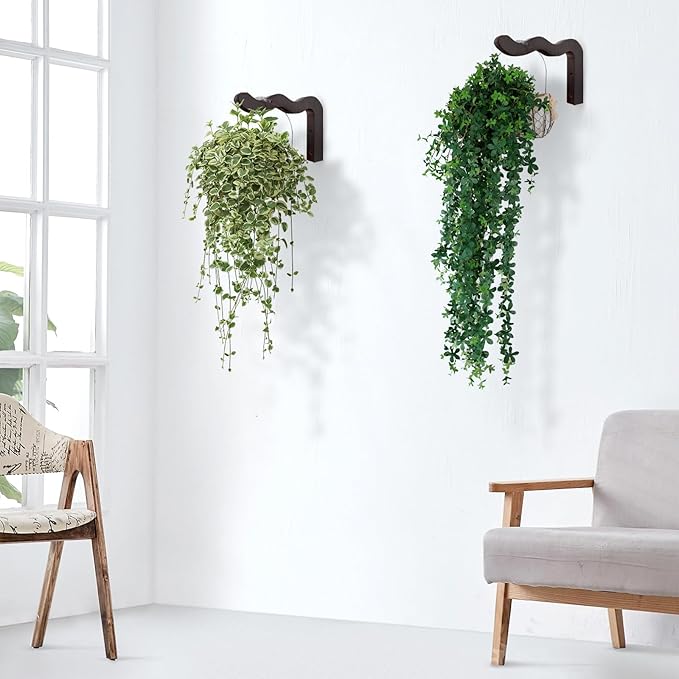 Wavy Plant Hanger Hooks – 2 Pack Rustic Wooden Wall Mounts - Image 3