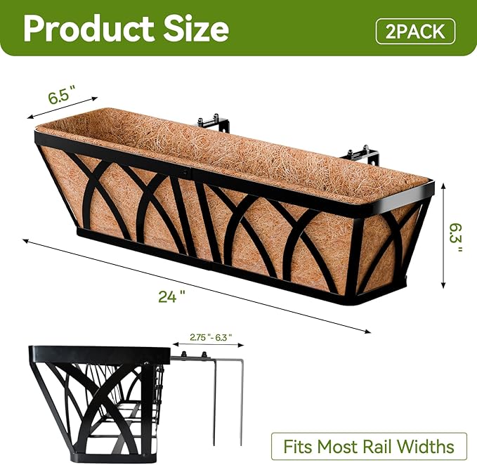 Halatool 2 Pack Heavy-Duty Metal Deck Railing Planter Box, 24 Inch - Image 2