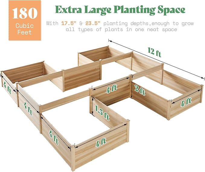 AMERLIFE Raised Garden Bed – 12x12x2 ft H-Shaped Wooden Planter Box, 180 Cu. Ft - Image 6