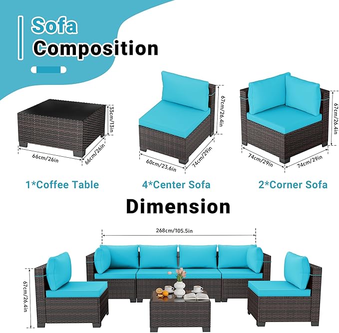 LEVELEVE 7 Pieces Outdoor Patio Furniture Sets, Rattan Conversation Sectional - Image 2