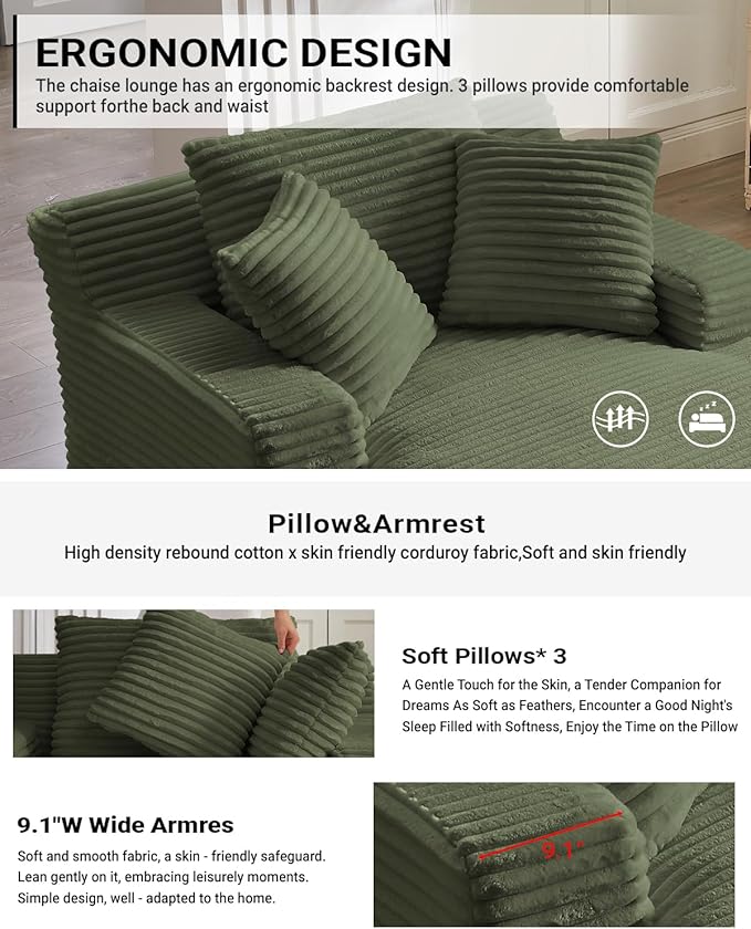 50 Inch Oversized Chaise Lounge Chair Indoor, Corduroy Upholstered Boneless - Image 5