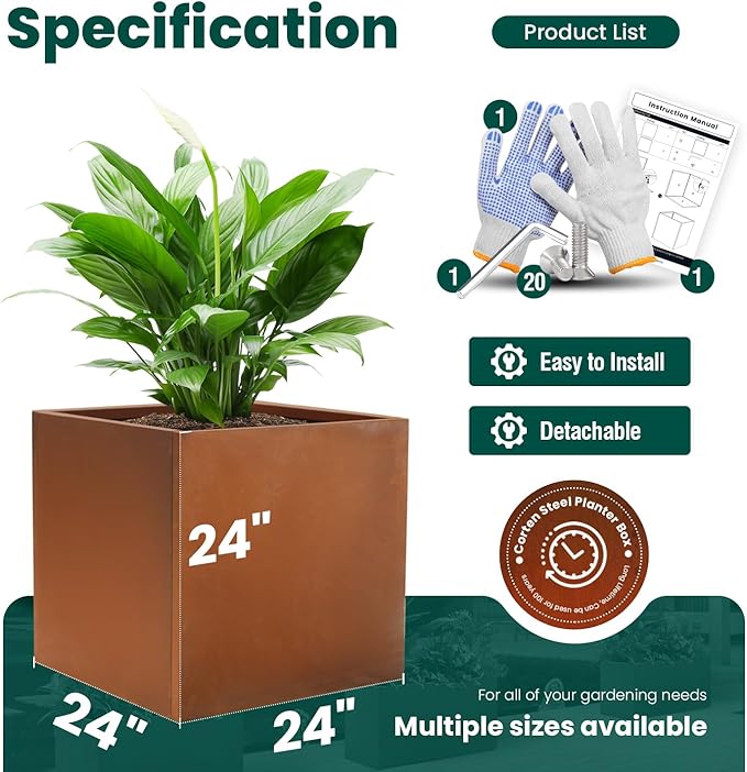 Corten Steel Planter Box Large Outdoor Planter 24 Inch Square Cube Planters - Image 2