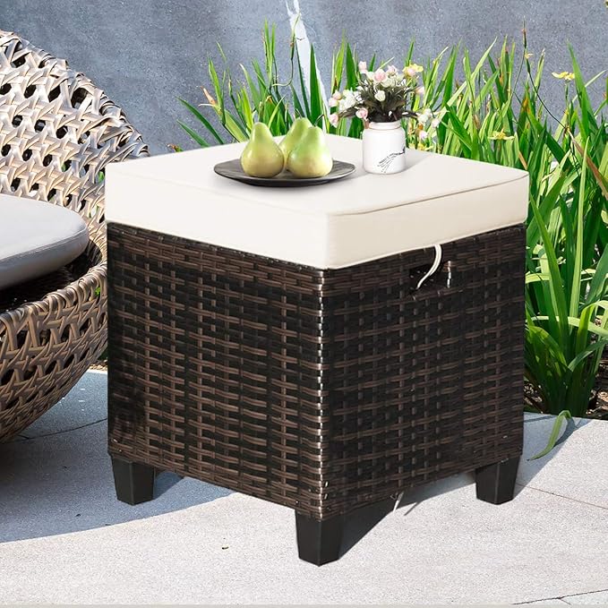 Tangkula 2 Pieces Outdoor Patio Ottoman, All Weather Rattan Wicker Ottoman Seat - Image 4