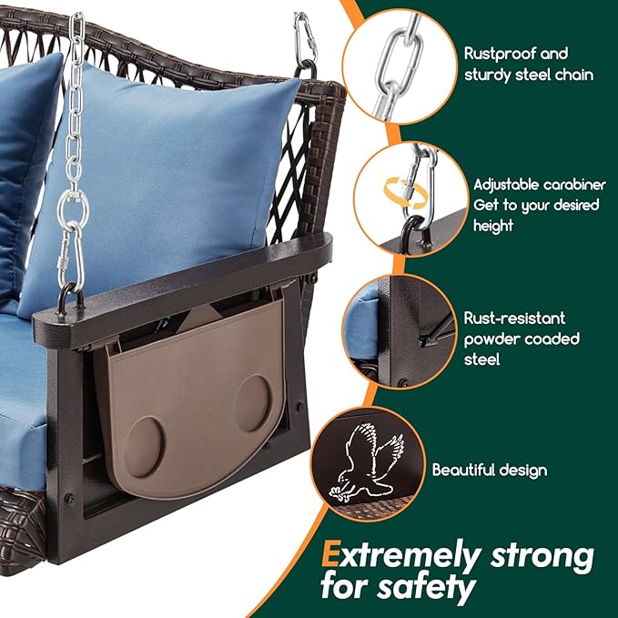 Upgraded Wicker Hanging Porch Swing Heavy Duty 900 LBS 3-Seat Outdoor Patio - Image 5