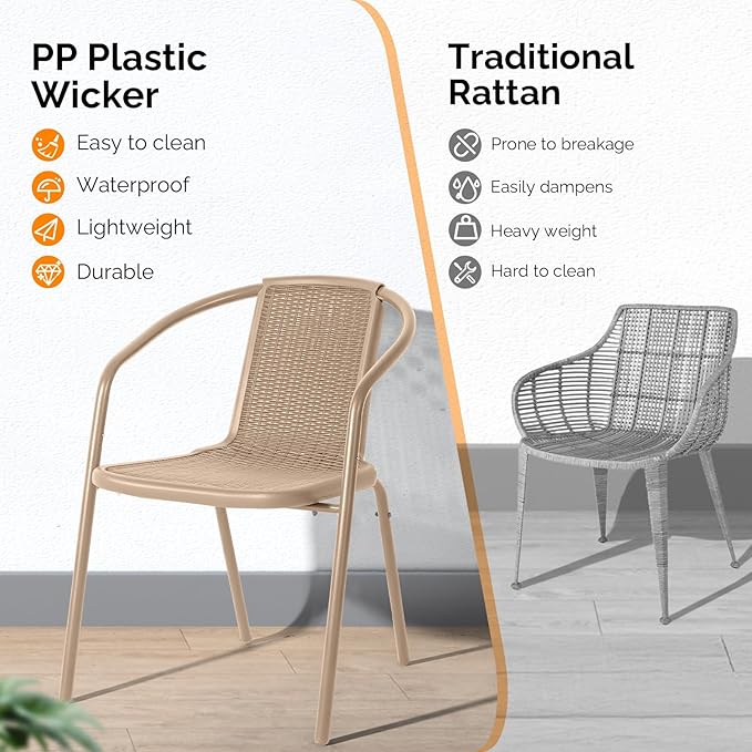 VINGLI PE Rattan Outdoor Dining Chairs Set of 2, Plastic Stackable Patio Chairs - Image 6
