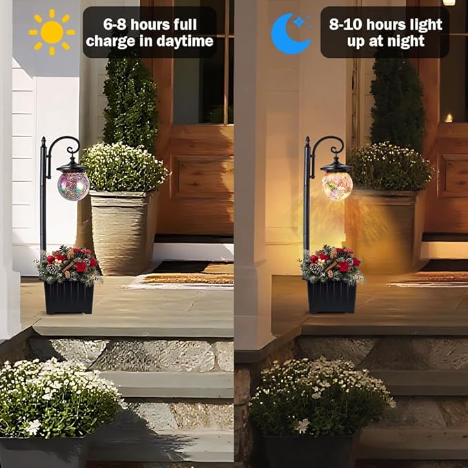 Solar Lamp Post Light with Planter, Matte Black Outdoor Flower Pots with Mosaic - Image 4