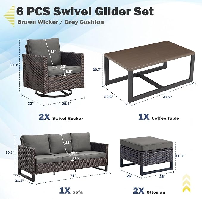 Belord 6 Piece Outdoor Furniture Patio Wicker Sofa Set, Oversize Outdoor Swivel - Image 3