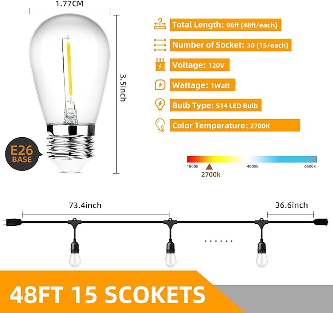 Lakumu Outdoor String Lights 96FT, Commercial Grade Heavy Duty Patio Lights - Image 5