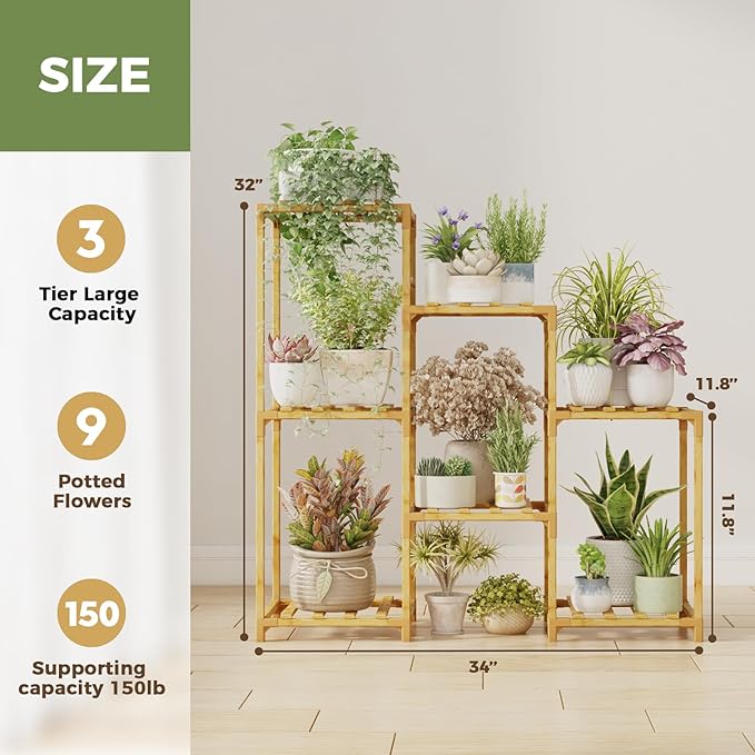 Bamworld Bamboo Plant Stand Indoor Boho Plant Shelf Tiered Plant Rack - Image 5