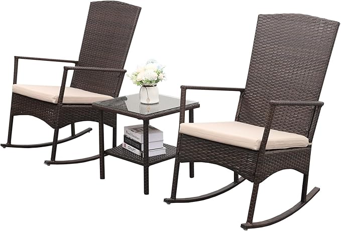 Outdoor Rocking Chair 3 Pieces High-Backed Rocking Chair Patio Rocking Chairs - Image 4