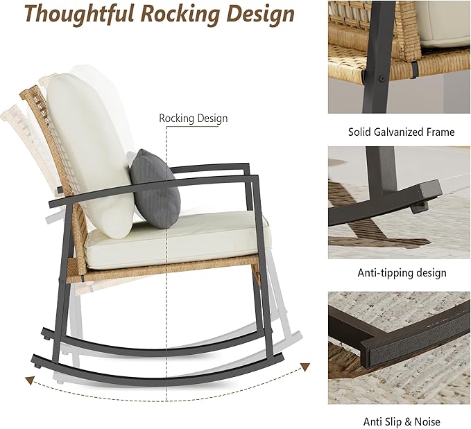 3 Piece Patio Rocking Chairs Set of 2, Outdoor Rocking Chair Bistro Set - Image 4