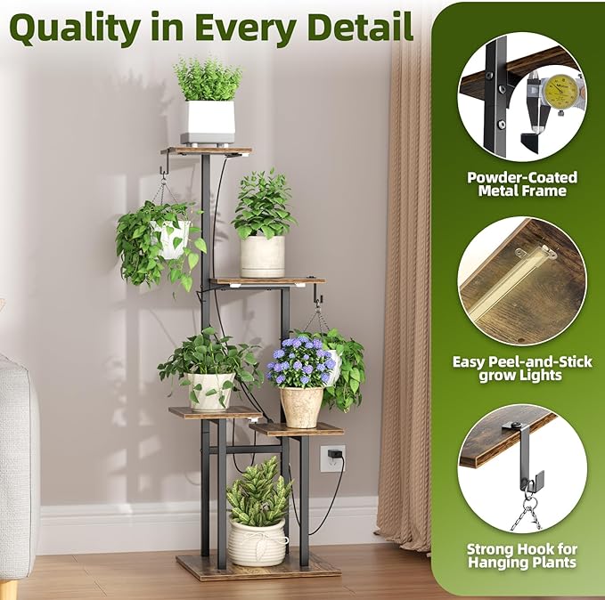 Plant Stand Indoor with Grow Lights, 2 Hanging Hooks, 5-Tiered Tall Plant - Image 4