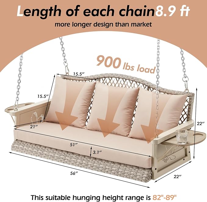 Upgraded Wicker Hanging Porch Swing Heavy Duty 900 LBS 3-Seat Outdoor Patio - Image 7