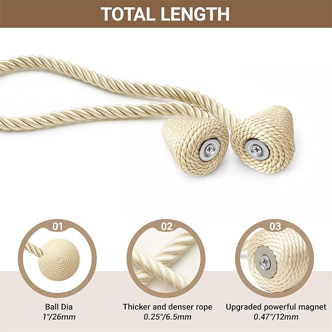 Hion Magnetic Curtain Tiebacks Beige 2pcs, Curtain Tiebacks Buckles Holdbacks - Image 3