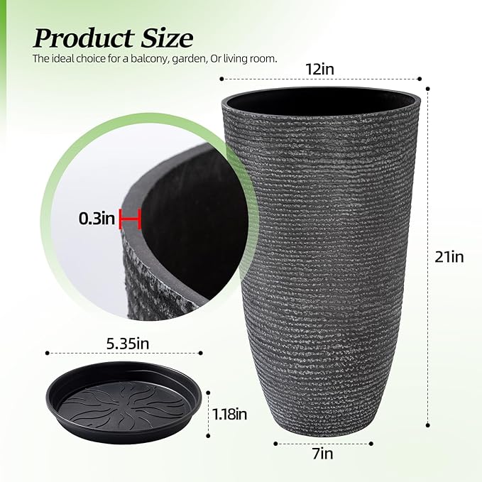 QCQHDU Large Tall Dark Gray Planters Set of 2-9 Gallon 12" Round Outdoor - Image 6