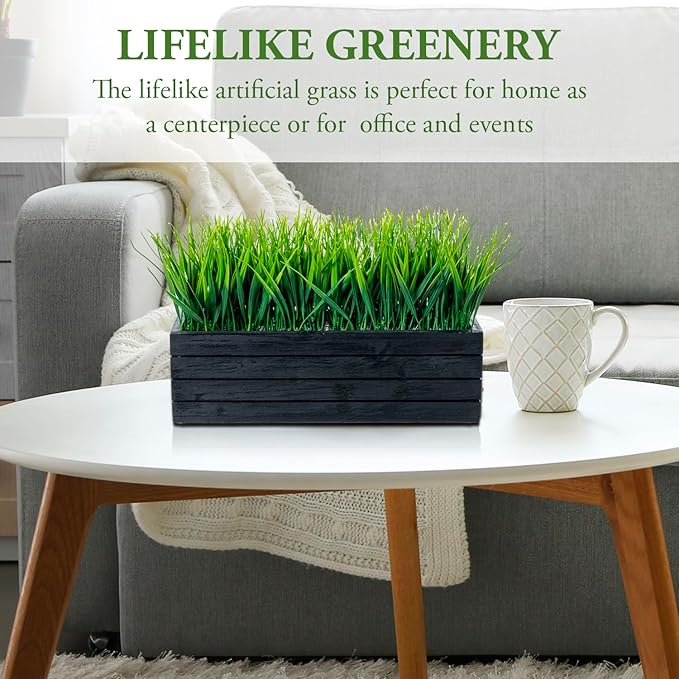 MyGift 14 Inch Artificial Green Grass Plant in Vintage Black Wood Planter - Image 3