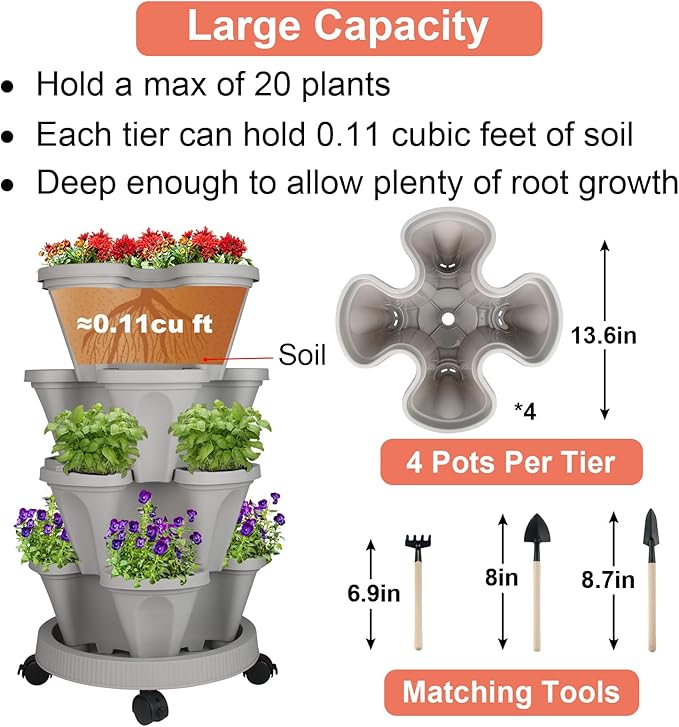 GameXcel Vertical Planter 4 Tier Stackable Planters Garden Planters Strawberry - Image 5