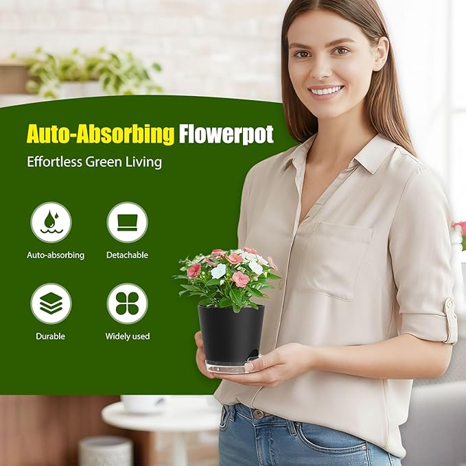 Plant Pots 4 Inch Self Watering Pots, 6 Pack Plastic Planters - Image 2