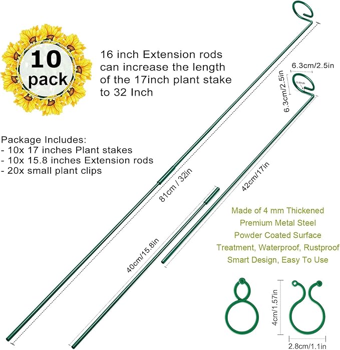 10 Pack Height Adjustable Plant Support Stakes, Metal Plant Stakes - Image 2