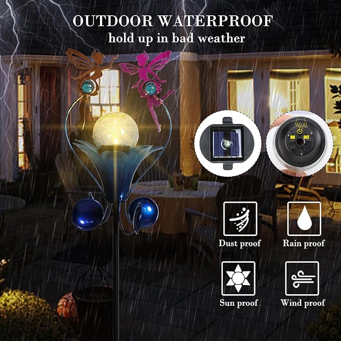 VCUTEKA Solar Lights Outdoor Metal Garden Stake Waterproof Crackle Glass Globe - Image 5