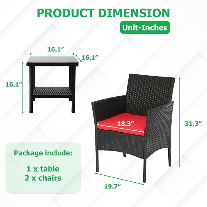 FDW | 3-Piece Patio Furniture Set | Black & Red | Outdoor Wicker Furniture - Image 2