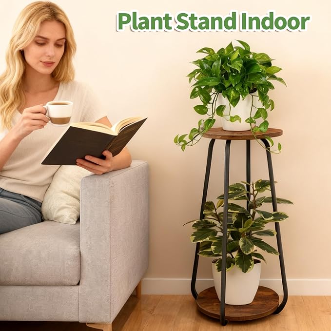Plant Stand Indoor, 2 Tier Plant Shelf Pedestal Stand Flower Stand, Metal Wood - Image 5