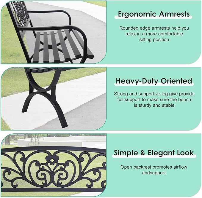 FDW Outdoor 50 Inches Garden Bench, Slatted Seat Armrests Floral Design Backres - Image 5