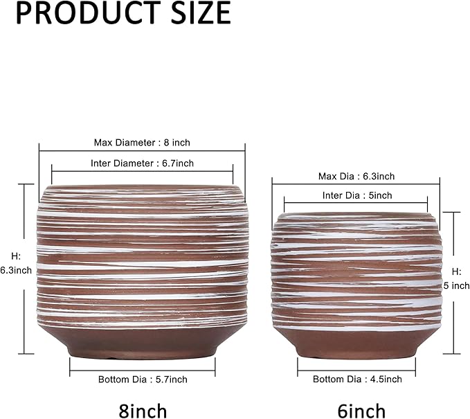 8 Inch + 6 Inch Ceramic Plant Pots Indoor - Image 3