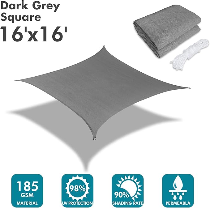 KANAGAWA Sun Shade Sail 16'x16' Dark Gray Rectangle UV Block Canopy Cover - Image 6