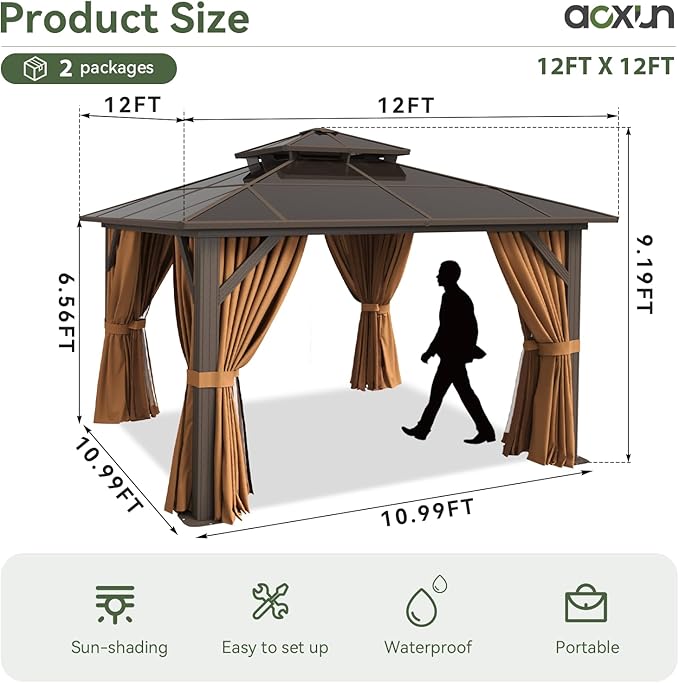 Aoxun 12'x12' Hardtop Gazebo, Aluminum Frame Permanent Pavilion - Image 4