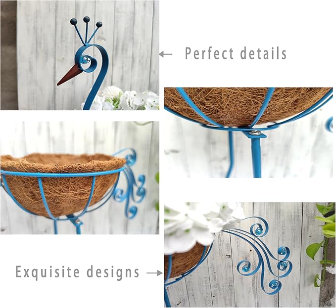Metal Peacock Planter with Fiber Basket -Garden Bird Planters - Image 7