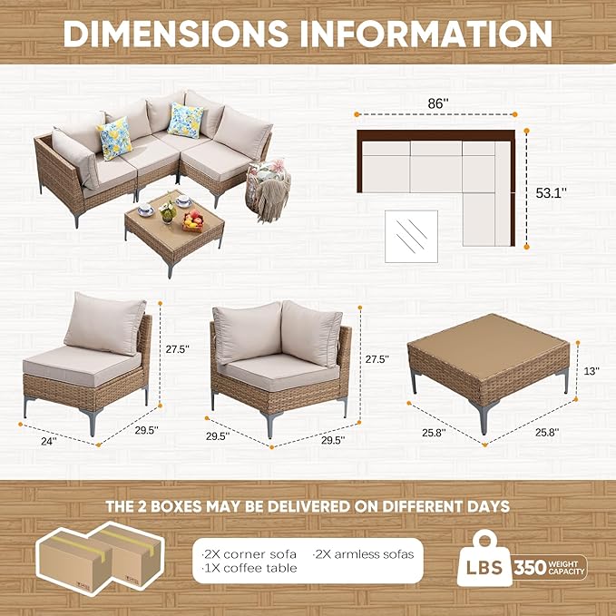 5 Piece Wicker Patio Furniture Set, Outdoor Conversation Sectional Sofa - Image 3