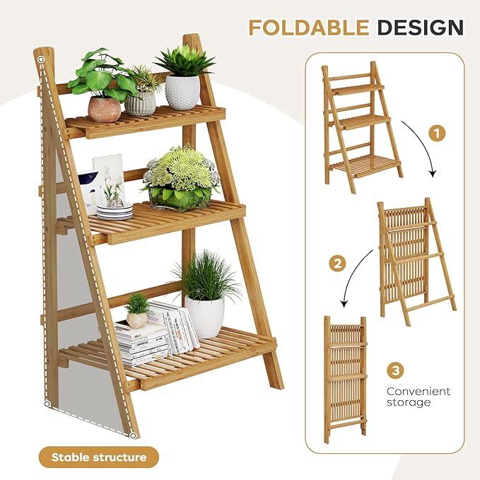 39.4" Foldable Plant Shelf Ladder Shelf, 3 Tier Bamboo Ladder Flower Pot - Image 2