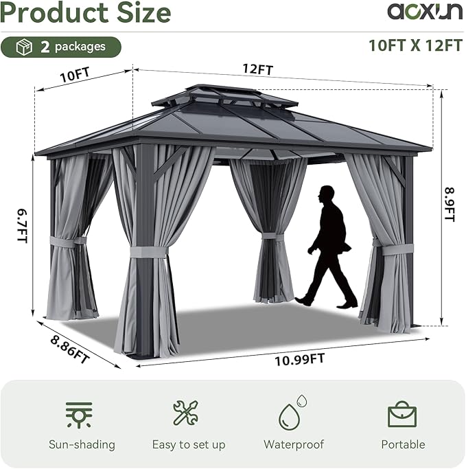 Aoxun 10'x12' Hardtop Gazebo, Aluminum Frame Permanent Pavilion - Image 4