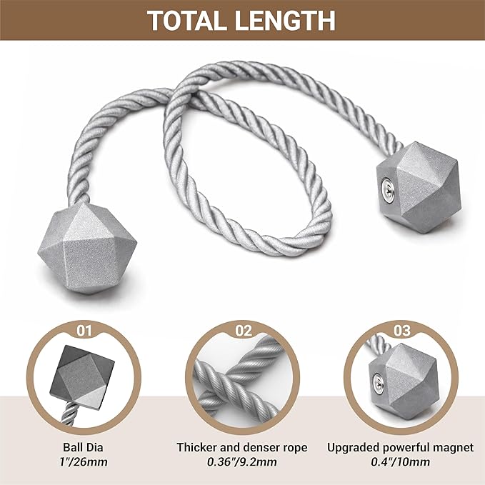 Hion Magnetic Curtain Tiebacks Grey 6 Pack, Curtain Tiebacks Buckles Holdbacks - Image 2