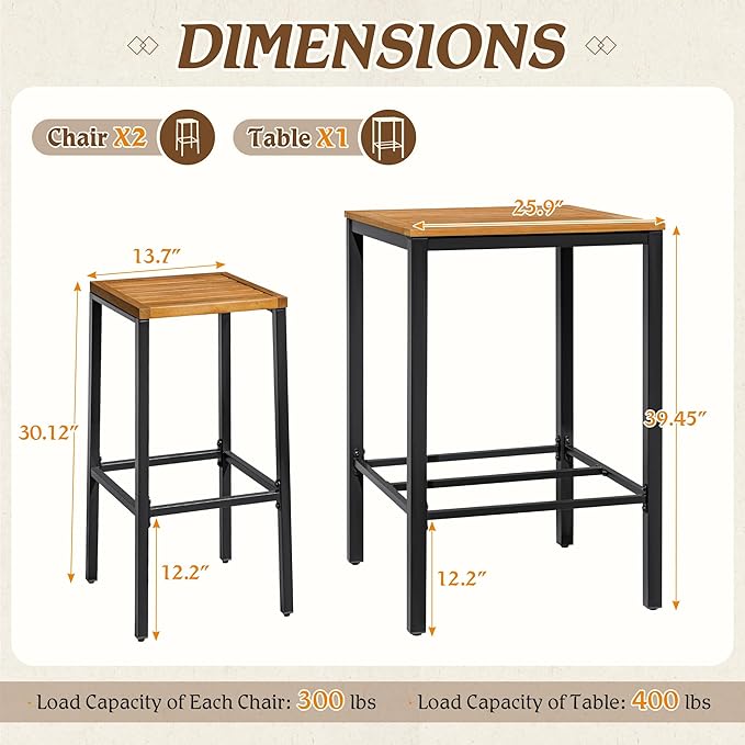 Devoko Acacia Wood Outdoor Patio Bar Set - Image 6