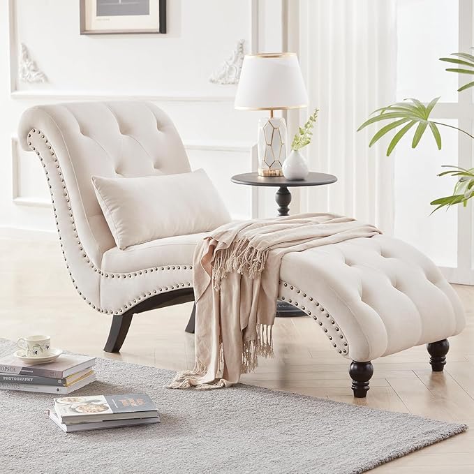 Tufted Soft Chaise Lounge Indoor, Linen Rivets Chaise Lounge Chair - Image 6