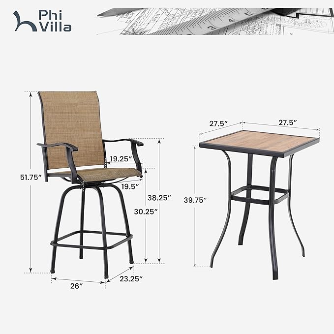 PHI VILLA 3 PCS Patio Swivel Bar Sets Textilene High Bistro Sets - Image 3