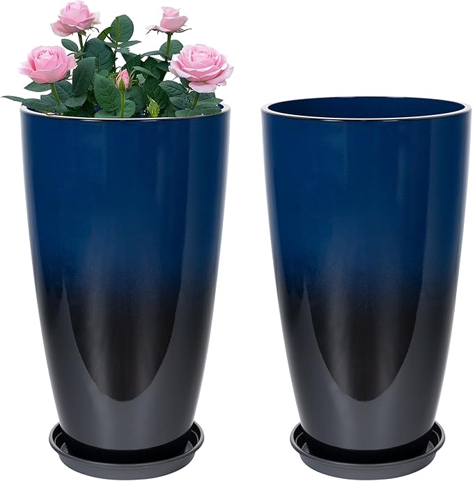 Set of 2 Lightweight Ceramic-Look Tall Planter, 21 inch Large Plastic Planter by Neoaider