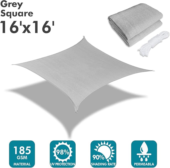 KANAGAWA Sun Shade Sail 16'x16' Gray Rectangle UV Block Canopy Cover - Image 2