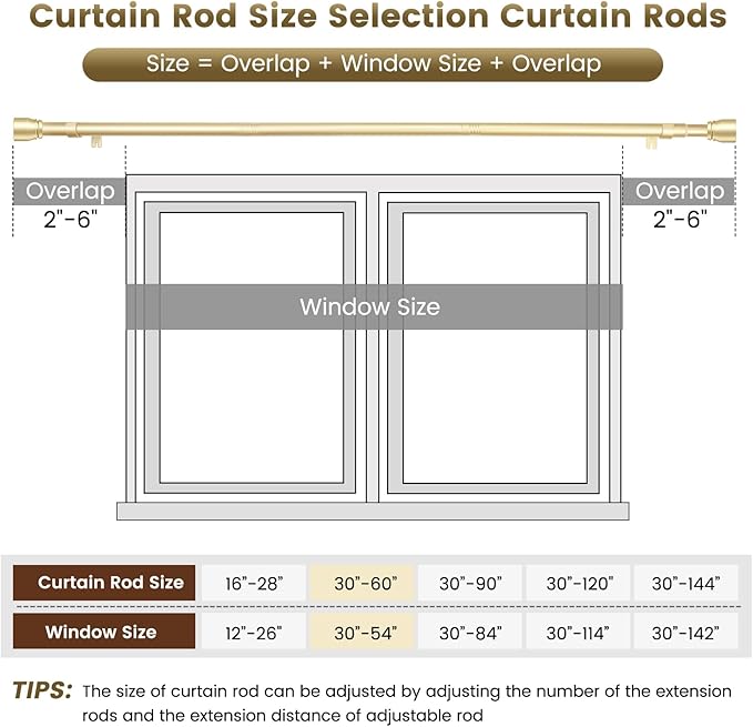 1” Diameter Gold Curtain Rod Itself is 30-60 inch 2 Pack, Fit 30 to 56 Windows - Image 3