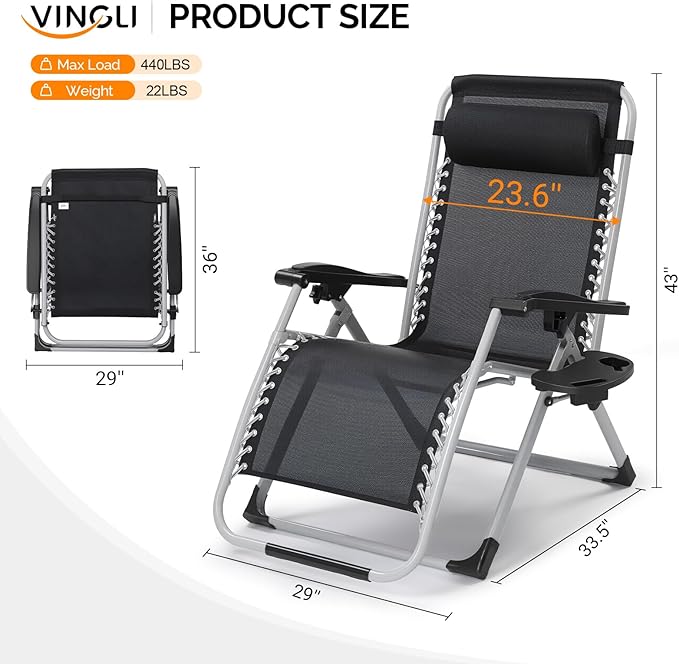 VINGLI 29" Padded Zero Gravity Chair, Lounge Chair - Image 5