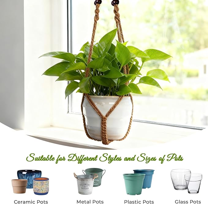 Macrame Plant Hanger, Wood Beads Cotton Hanging Planter Holder - Image 6