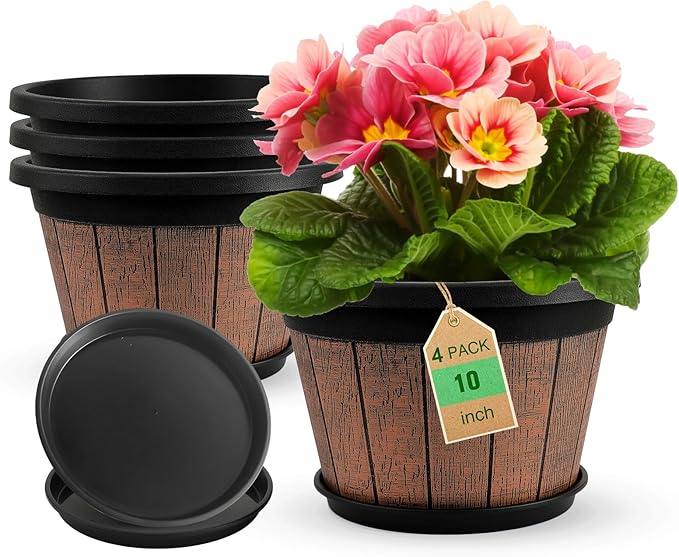 Quarut 4 Pack 10 inch Plant Pots, Upgrade Whiskey Barrel Planters by Quarut