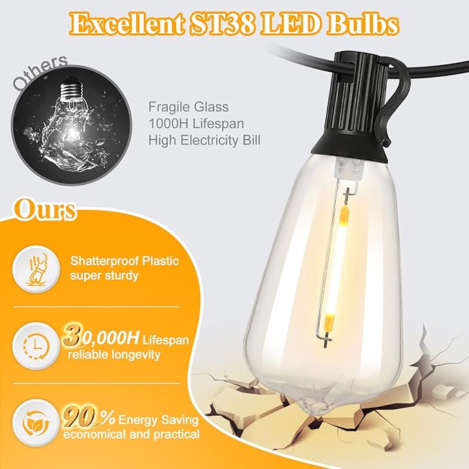 Brightever 50FT Outdoor String Lights Waterproof, 2700K Bright LED Patio Lights - Image 2