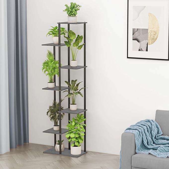 Plant Stand Indoor 7 Tier 8 Potted Metal Wood Plant Shelf, Oak Grey - Image 7